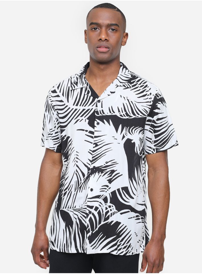 Camisa para hombre, diseño tipo bowling, estampado de flores Color Negro, Talla S