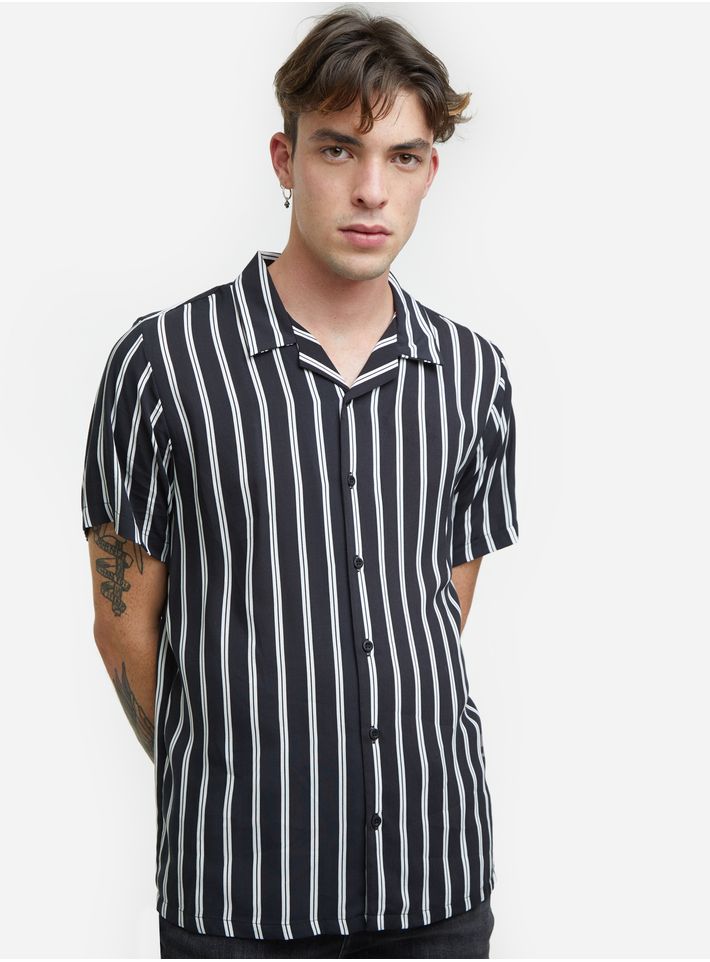 Camisa para hombre, diseño tipo bowling con estampado a rayas Color Negro, Talla XS
